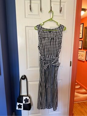 Who What Wear Black and White Gingham Tie-Waist Midi Dress
